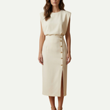 Sleeveless Midi Dress with Button Detail and Front Slit