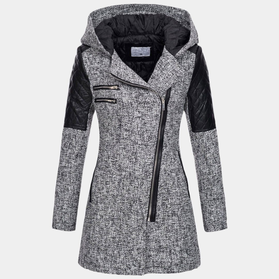Hooded Coat with Asymmetric Zip and Quilted Sleeve