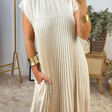 Pleated Maxi Dress with Crew Neck and Cap Sleeves