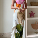 Floral Draped Maxi Dress with One-Shoulder Neckline and Ruffle Hem