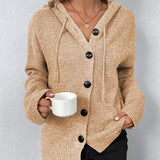 Hooded Button-Front Knit Cardigan with Drawstring