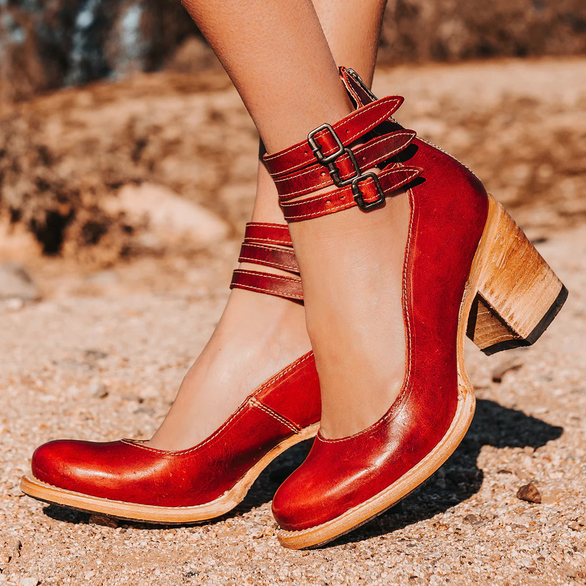 Colette | Vintage Leather Ankle Block Sandals Women Summer