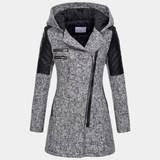 Women's Hooded Coat – Asymmetric Zip-Front Jacket with Quilted Shoulder Panels for Casual Wear