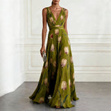 Pleated Floral Print Maxi Dress with V-Neck