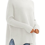 Oversized Turtleneck Knit Sweater for Women – Ribbed Long Sleeve Pullover with Side Slits for Casual Wear