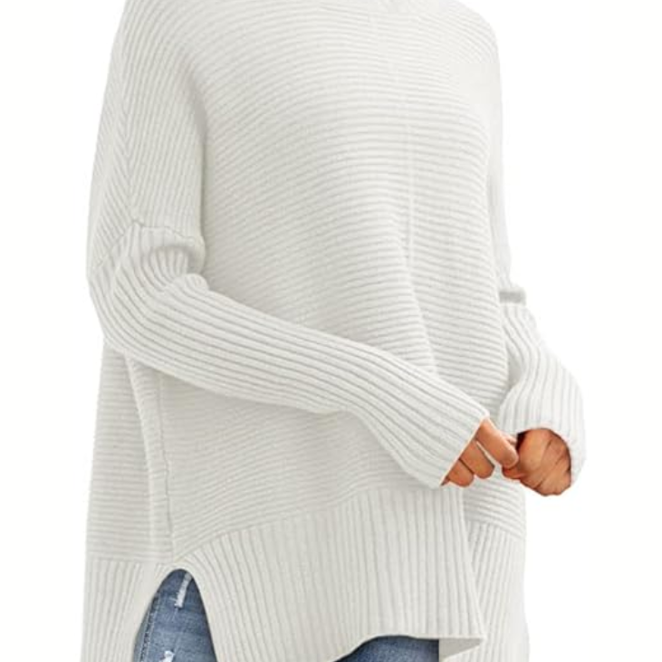 Oversized Turtleneck Knit Sweater for Women – Ribbed Long Sleeve Pullover with Side Slits for Casual Wear