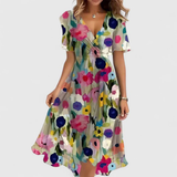 A-Line Floral Wrap Midi Dress with Ruffle Sleeves