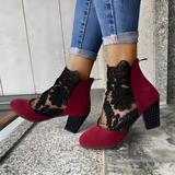 Floral Lace Mesh Ankle Boots with Block Heel