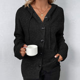 Hooded Button-Front Knit Cardigan with Drawstring