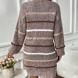 Striped Knit Mini Sweater Dress with Long Sleeves and Round Neck