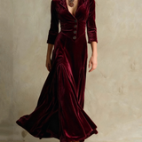 Velvet Maxi Dress with Collared V-Neck and Flared Skirt