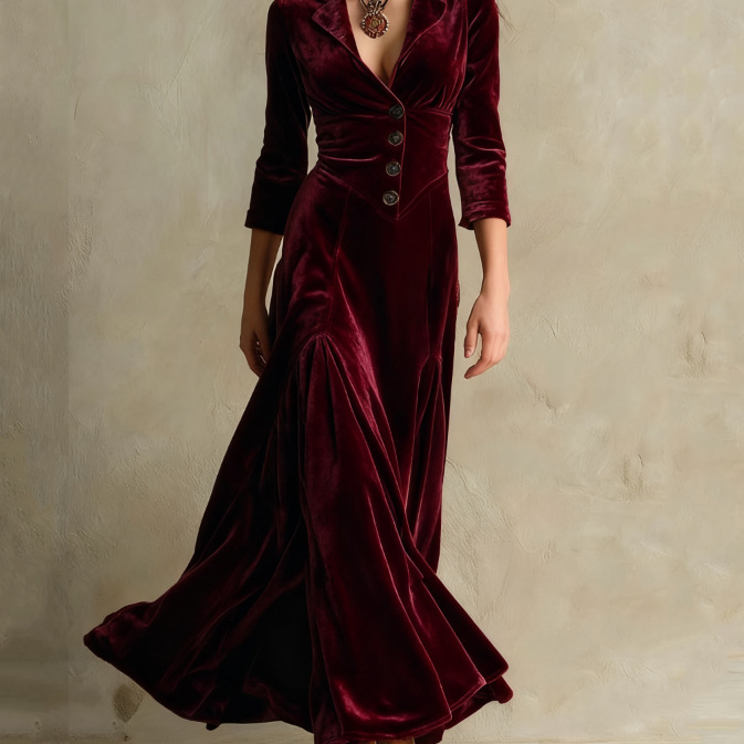 Velvet Maxi Dress with Collared V-Neck and Flared Skirt