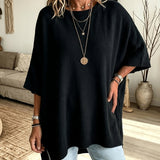 Oversized Knit Sweater with Batwing Sleeves and Ribbed Trim