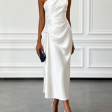 One-Shoulder Draped Satin Midi Dress with Ruched Waist