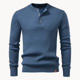 Ribbed Round Neck Half Button Sweater