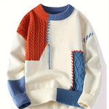 Patchwork Cable Knit Sweater with Round Neck