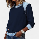 Denim Collar Knit Sweatshirt with Crew Neck