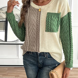Cable Knit Color Block Sweater with Chest Pocket and Round Neck