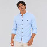 Long Sleeve Button-Front Shirt with Mandarin Collar