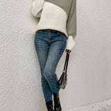 Color Block Ribbed Knit Sweater with Round Neck