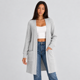 Long Ribbed Knit Cardigan with Open Front and Patch Pockets