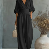 Wide-Leg Jumpsuit with Ruched Waist and Dolman Sleeve