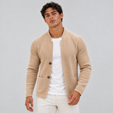 Single-Breasted Knit Cardigan with Stand Collar and Patch Pockets