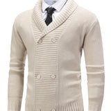 Double-Breasted Knit Cardigan with Shawl Collar and Ribbed Trim
