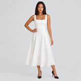 Flared Midi Dress with Square Neck and Wide Straps