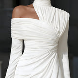 Ruched One-Shoulder Midi Dress with High Neck and Side Slit
