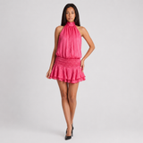 Halter Mini Dress with Pleated Waist and Ruffle Hem