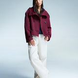 Cropped Jacket with Stand Collar and Double Breasted Button Front