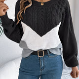 Cable Knit Color Block Sweater with Round Neck and Long Sleeves