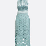 Halter Neck Midi Dress with Ruched Waist and Cutout Skirt