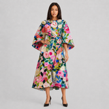Belted Floral Midi Dress with Flare Sleeve