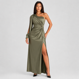 Ruched Satin Maxi Dress with One-Shoulder Neckline and Side Slit