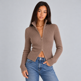 Women's Ribbed Knit Cardigan with Two-Way Zipper and Long Sleeves