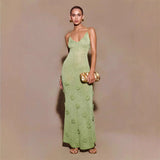 Floral Applique Maxi Dress Women Spaghetti Strap V-Neck Evening Gown