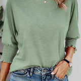 Round Neck Blouse with Smocked Puff Sleeve