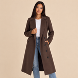 Women's Long Overcoat with Notched Lapel Double Breasted Button Front and Flap Pockets