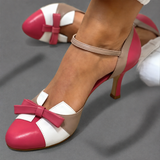 Color-Block Bow Ankle-Strap Pumps with Stiletto Heel