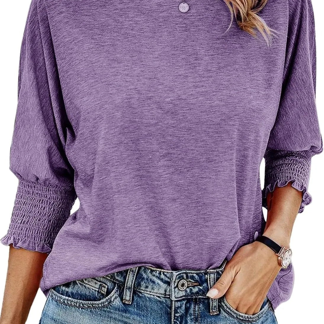 Round Neck Blouse with Smocked Puff Sleeve