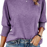 Round Neck Blouse with Smocked Puff Sleeve