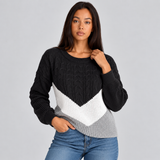 Cable Knit Color Block Sweater with Round Neck and Long Sleeves