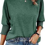 Round Neck Blouse with Smocked Puff Sleeve