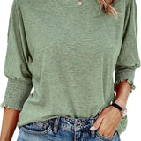 Round Neck Blouse with Smocked Puff Sleeve