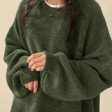 Oversized Round Neck Sweater with Balloon Sleeves and Ribbed Cuff