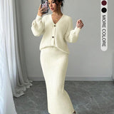 Ribbed Knit Cardigan and Maxi Skirt Set