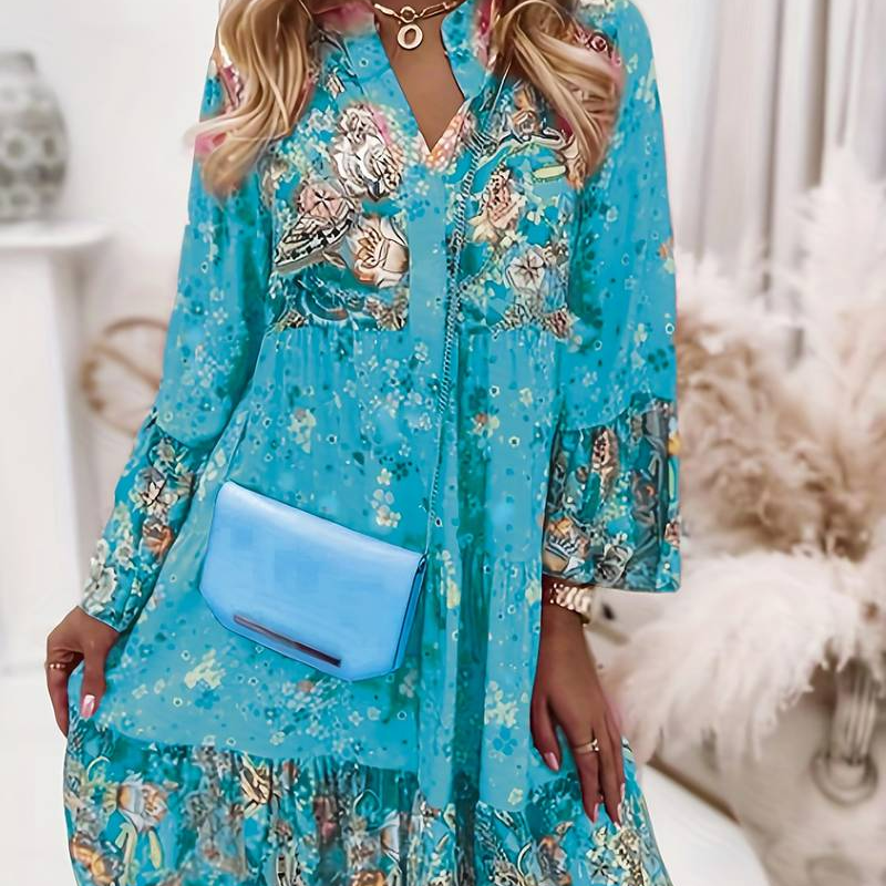 Floral Print Tiered Mini Dress with V-Neck and Ruffle Sleeves