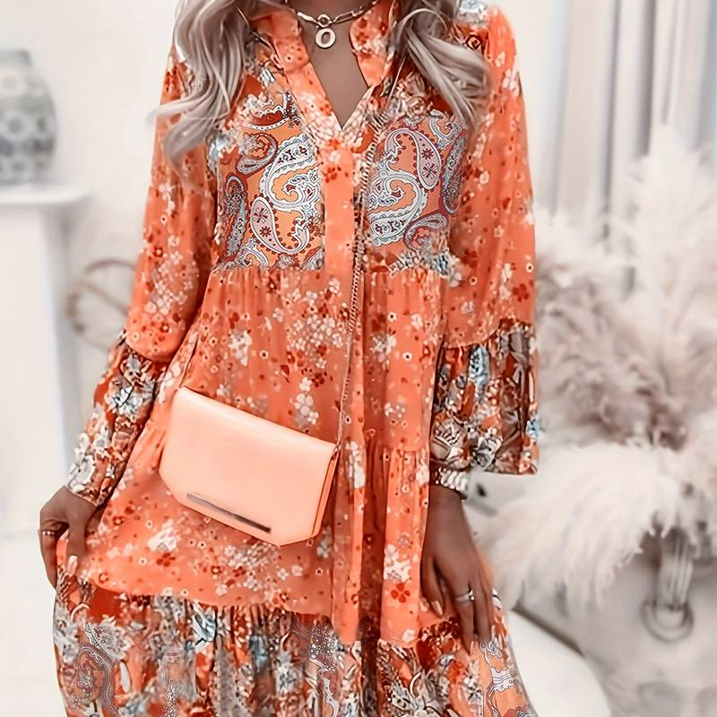Floral Print Tiered Mini Dress with V-Neck and Ruffle Sleeves